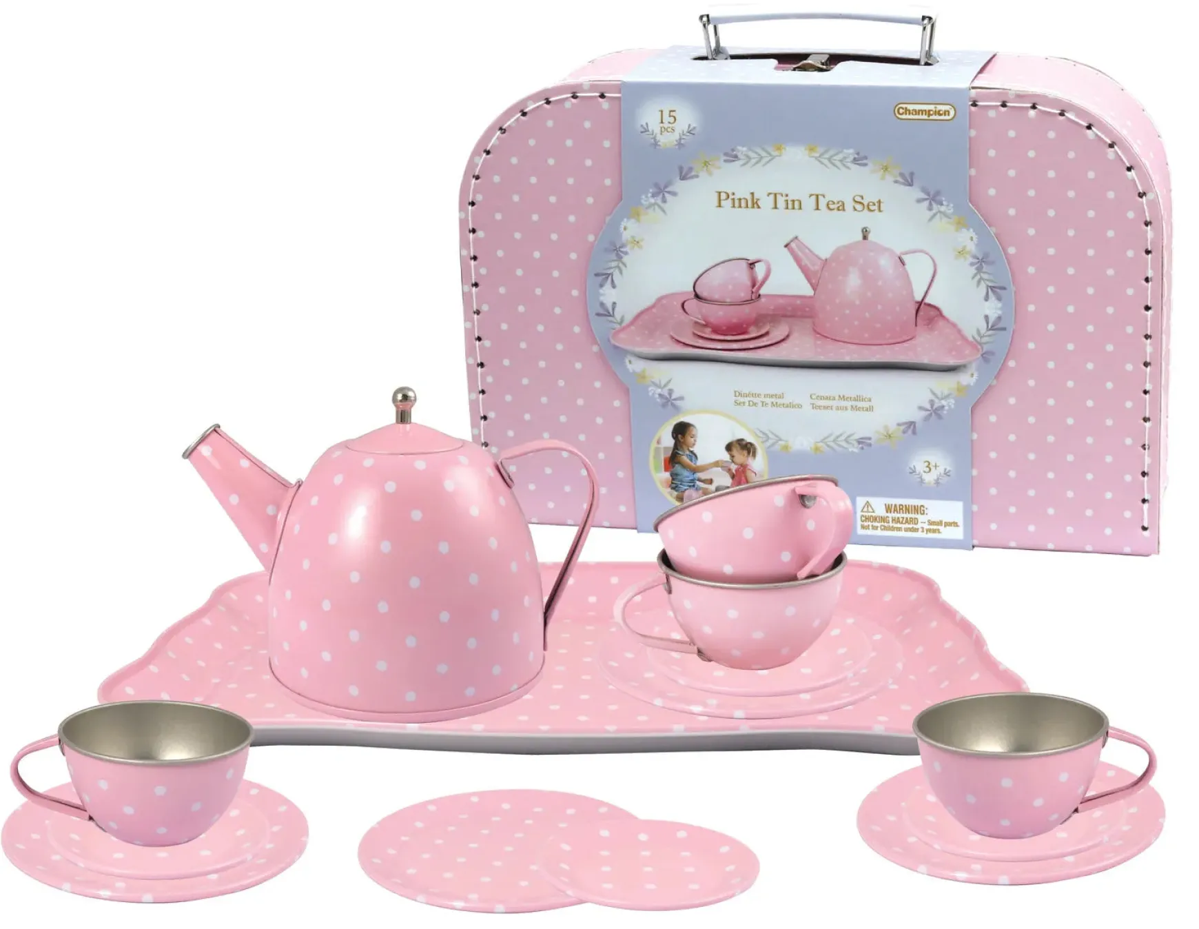 Pink Tin Tea Set In Suitcase 15 Piece