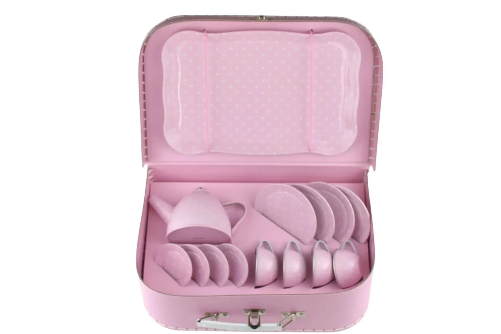Pink Tin Tea Set In Suitcase 15 Piece